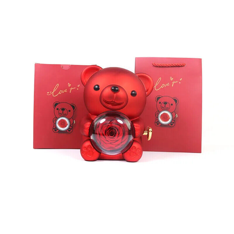 Eternal Rose Teddy Bear Necklace Ring Gifts Box Rotate Rose Box Valentine Gift