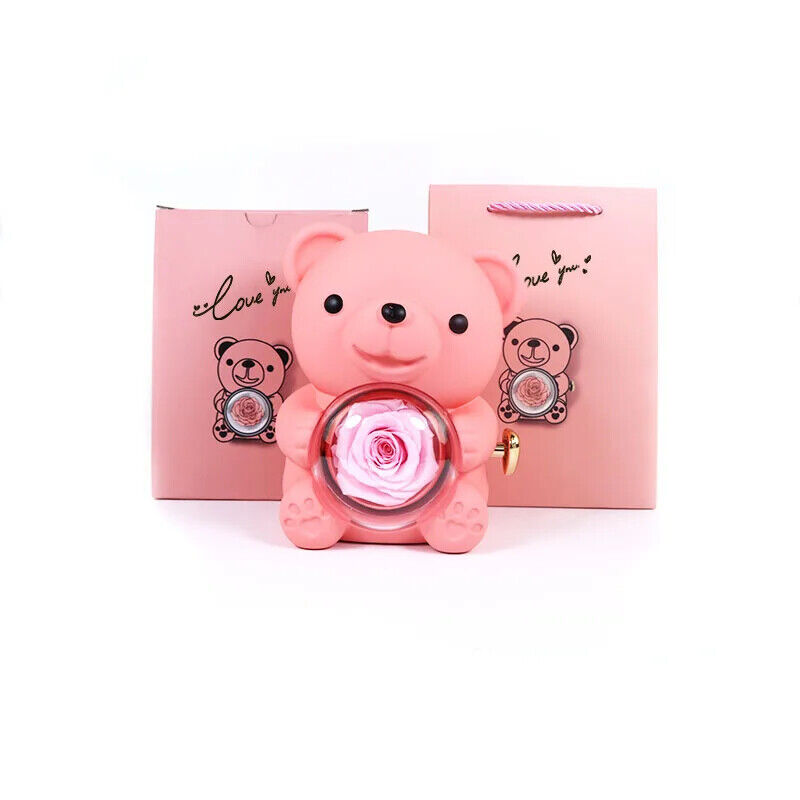 Eternal Rose Teddy Bear Necklace Ring Gifts Box Rotate Rose Box Valentine Gift