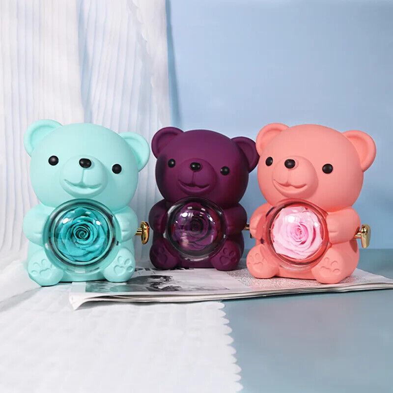 Eternal Rose Teddy Bear Necklace Ring Gifts Box Rotate Rose Box Valentine Gift