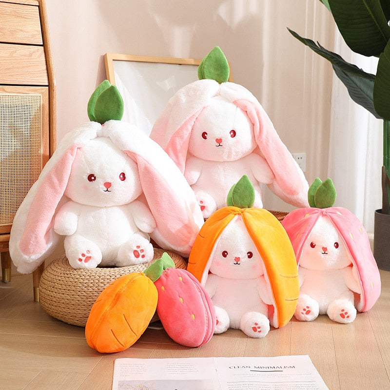 Creative Funny Doll Carrot Rabbit Plush Toy Stuffed Soft Bunny Hiding in Strawberry Bag Toys