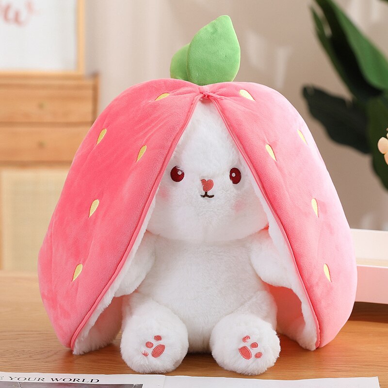 Creative Funny Doll Carrot Rabbit Plush Toy Stuffed Soft Bunny Hiding in Strawberry Bag Toys