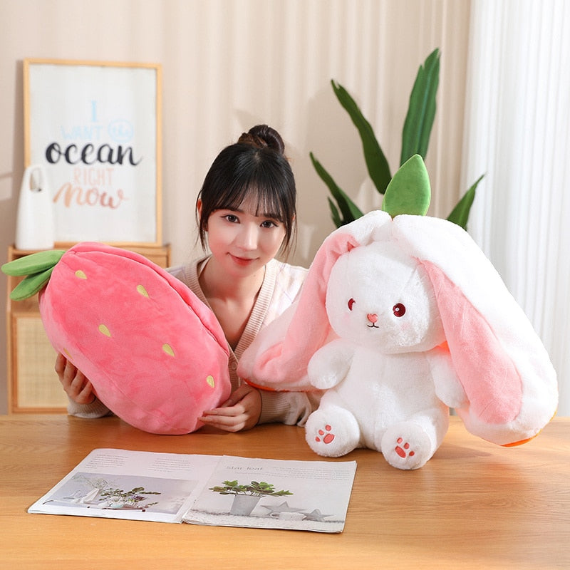 Creative Funny Doll Carrot Rabbit Plush Toy Stuffed Soft Bunny Hiding in Strawberry Bag Toys