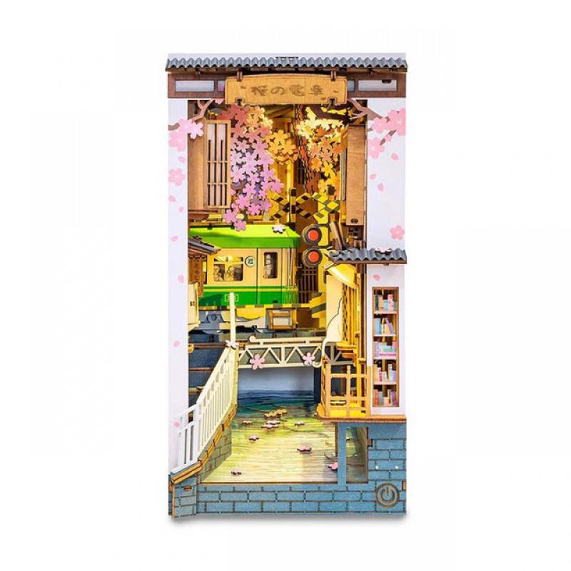 Book Nook Japanese Sakura Densya in Books Series Wooden Miniature House with Furniture Doll House Kits