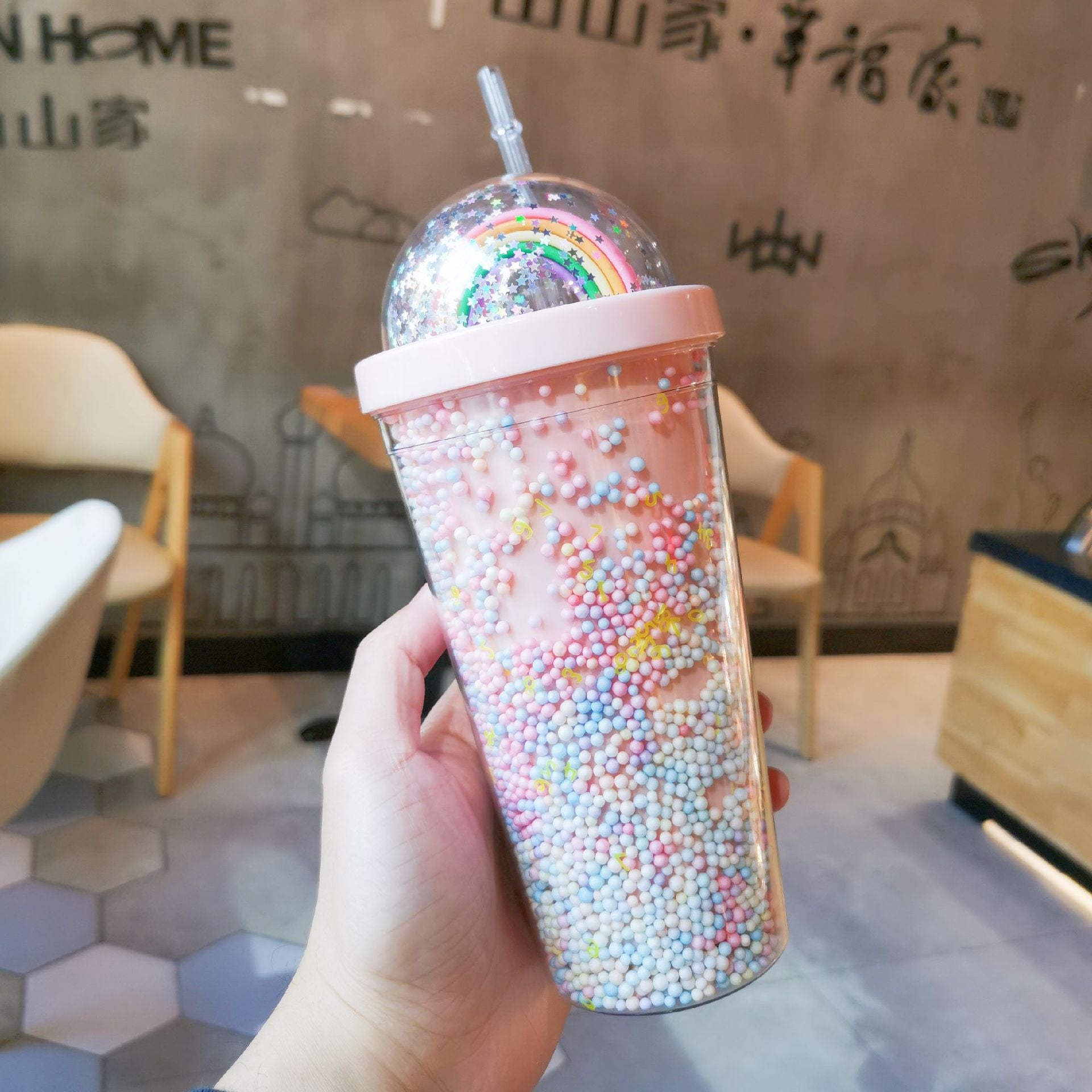 Cartoon Cute Rainbow Cup with Straw Double Plastic BPA Free Woman Girl Water Bottle for Juice Milk Coffee 550ml Drinking Tumbler