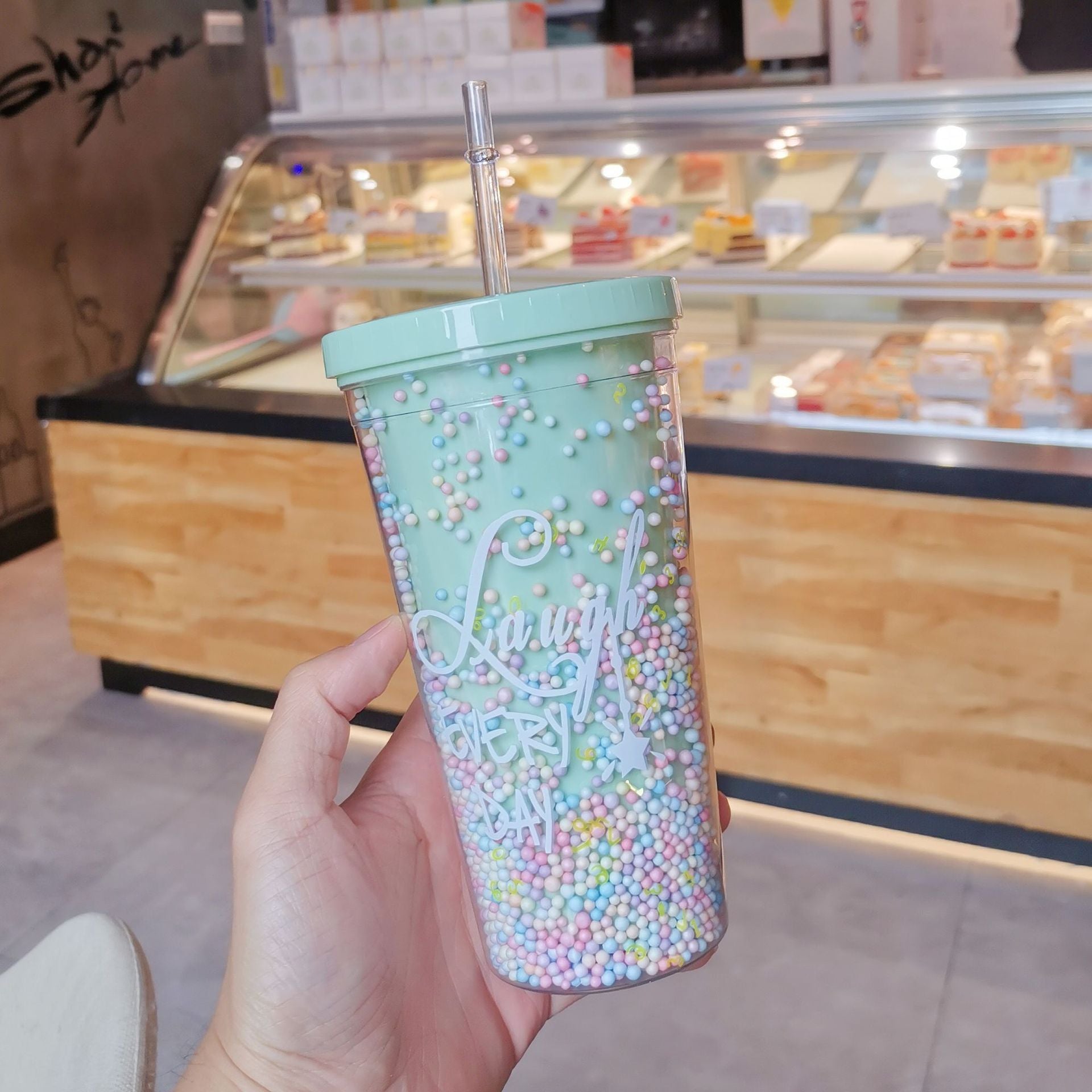 Cartoon Cute Rainbow Cup with Straw Double Plastic BPA Free Woman Girl Water Bottle for Juice Milk Coffee 550ml Drinking Tumbler