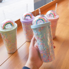 Cartoon Cute Rainbow Cup with Straw Double Plastic BPA Free Woman Girl Water Bottle for Juice Milk Coffee 550ml Drinking Tumbler