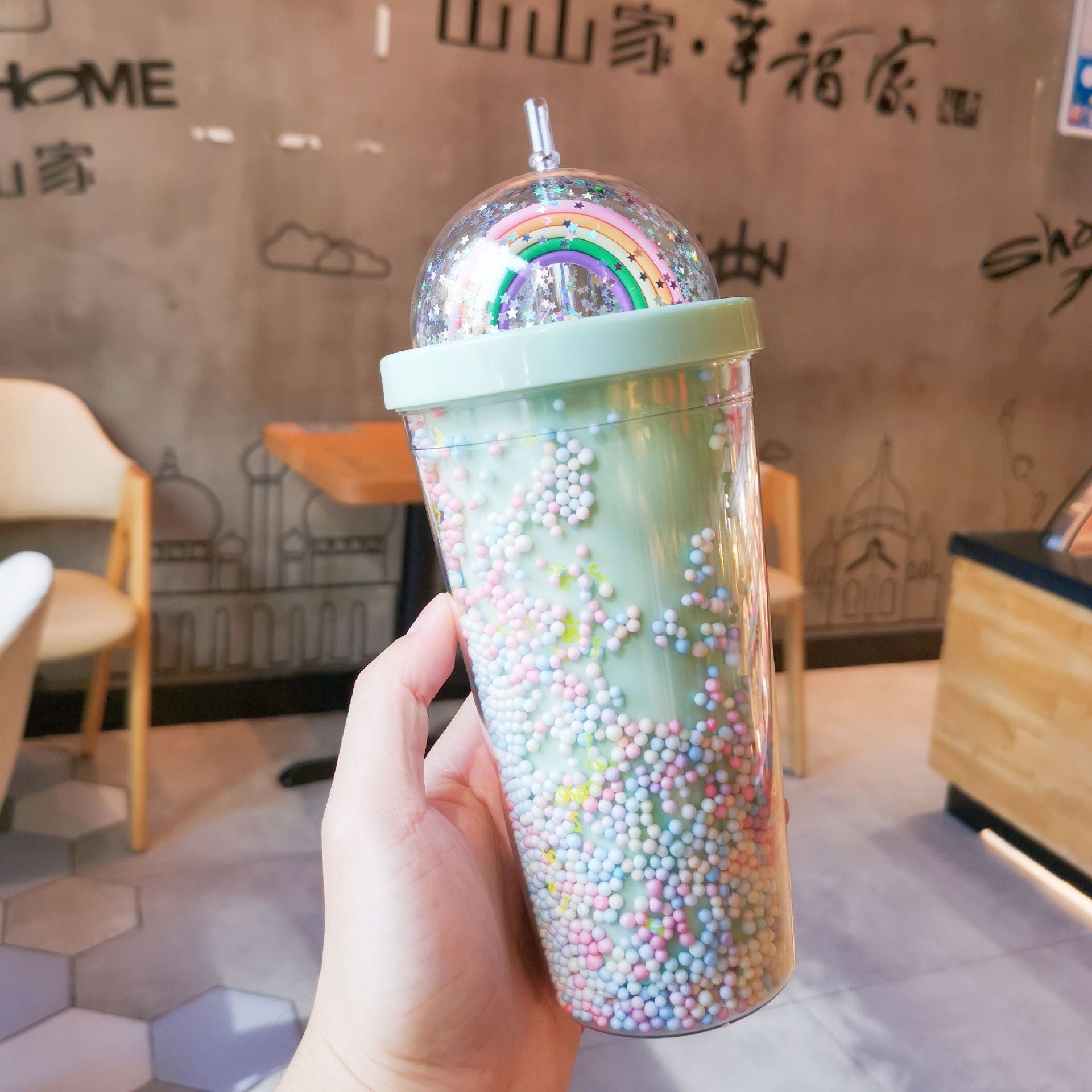 Cartoon Cute Rainbow Cup with Straw Double Plastic BPA Free Woman Girl Water Bottle for Juice Milk Coffee 550ml Drinking Tumbler