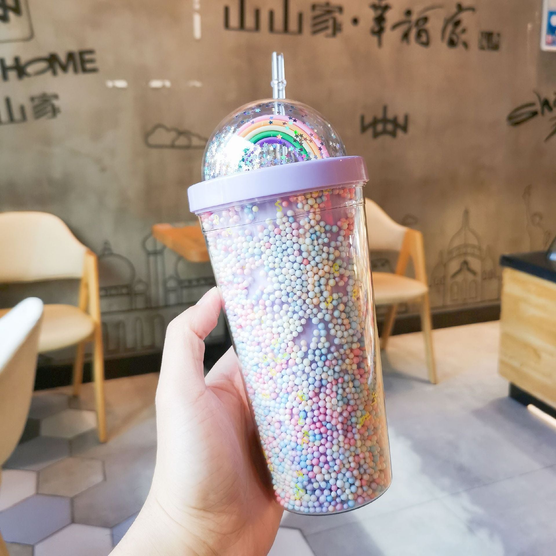 Cartoon Cute Rainbow Cup with Straw Double Plastic BPA Free Woman Girl Water Bottle for Juice Milk Coffee 550ml Drinking Tumbler