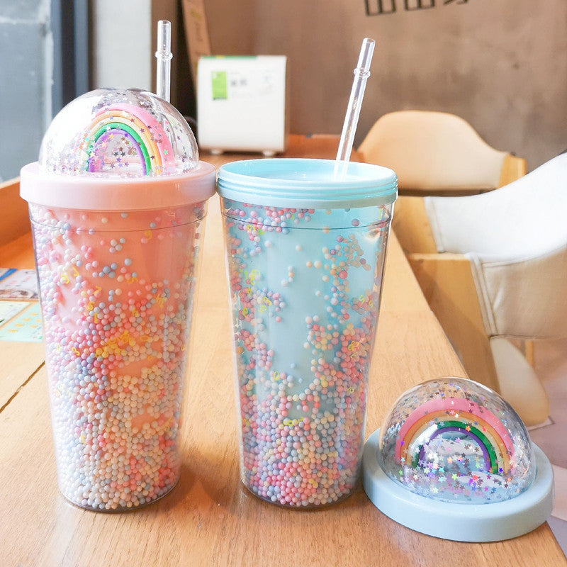 Cartoon Cute Rainbow Cup with Straw Double Plastic BPA Free Woman Girl Water Bottle for Juice Milk Coffee 550ml Drinking Tumbler