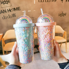 Cartoon Cute Rainbow Cup with Straw Double Plastic BPA Free Woman Girl Water Bottle for Juice Milk Coffee 550ml Drinking Tumbler